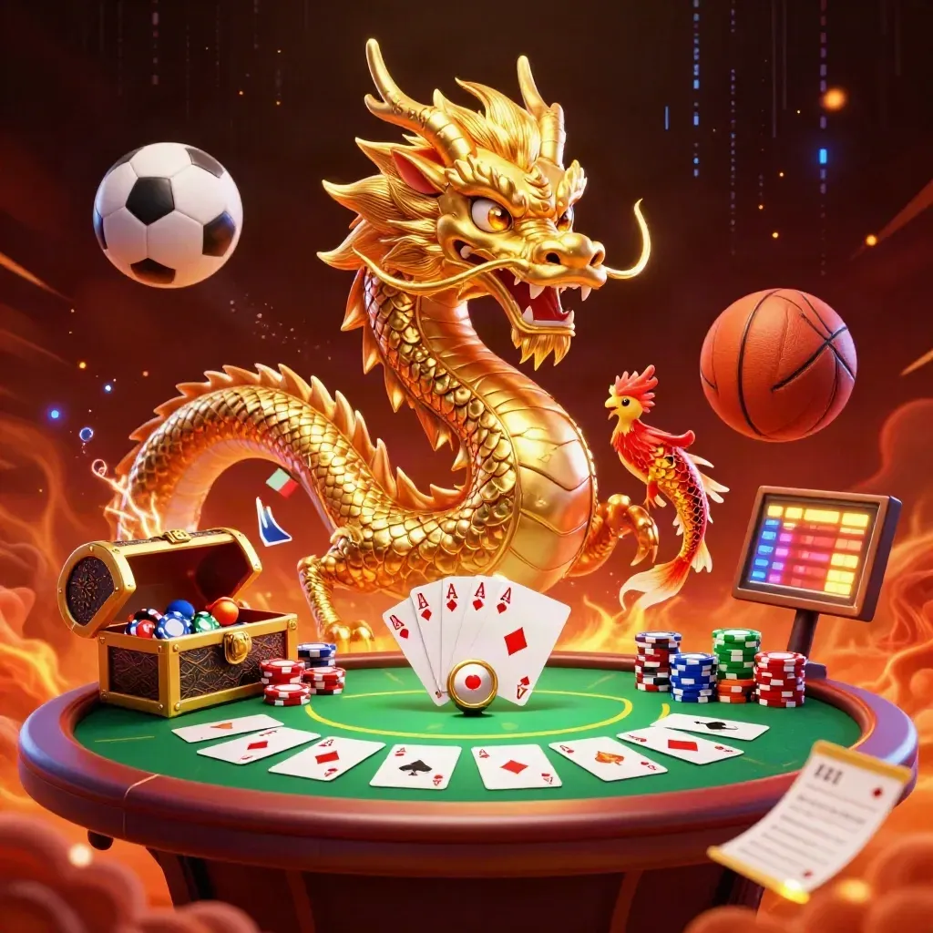 Golden dragon with phoenix and koi amid casino chips, cards, balls, and neon light
