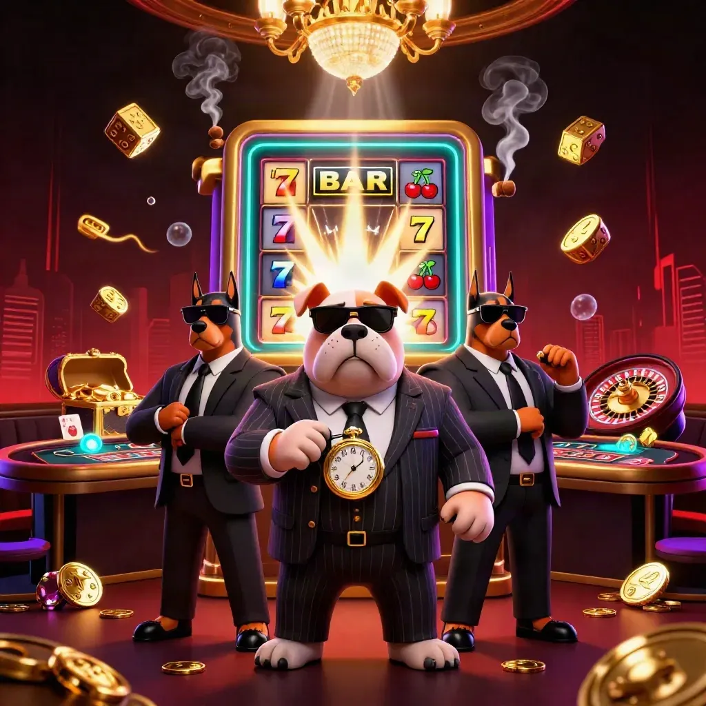 Bulldog mob boss and Dobermans amid exploding slot machine, roulette wheel, and gold in luxe casino glow