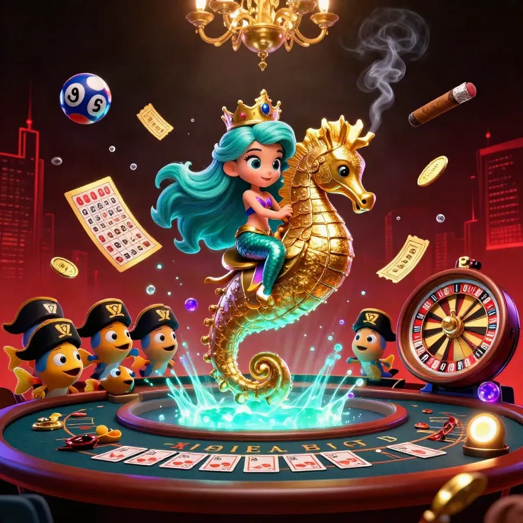 Mermaid princess on armored seahorse amid casino lights, lottery balls, roulette, and glowing underwater effects.