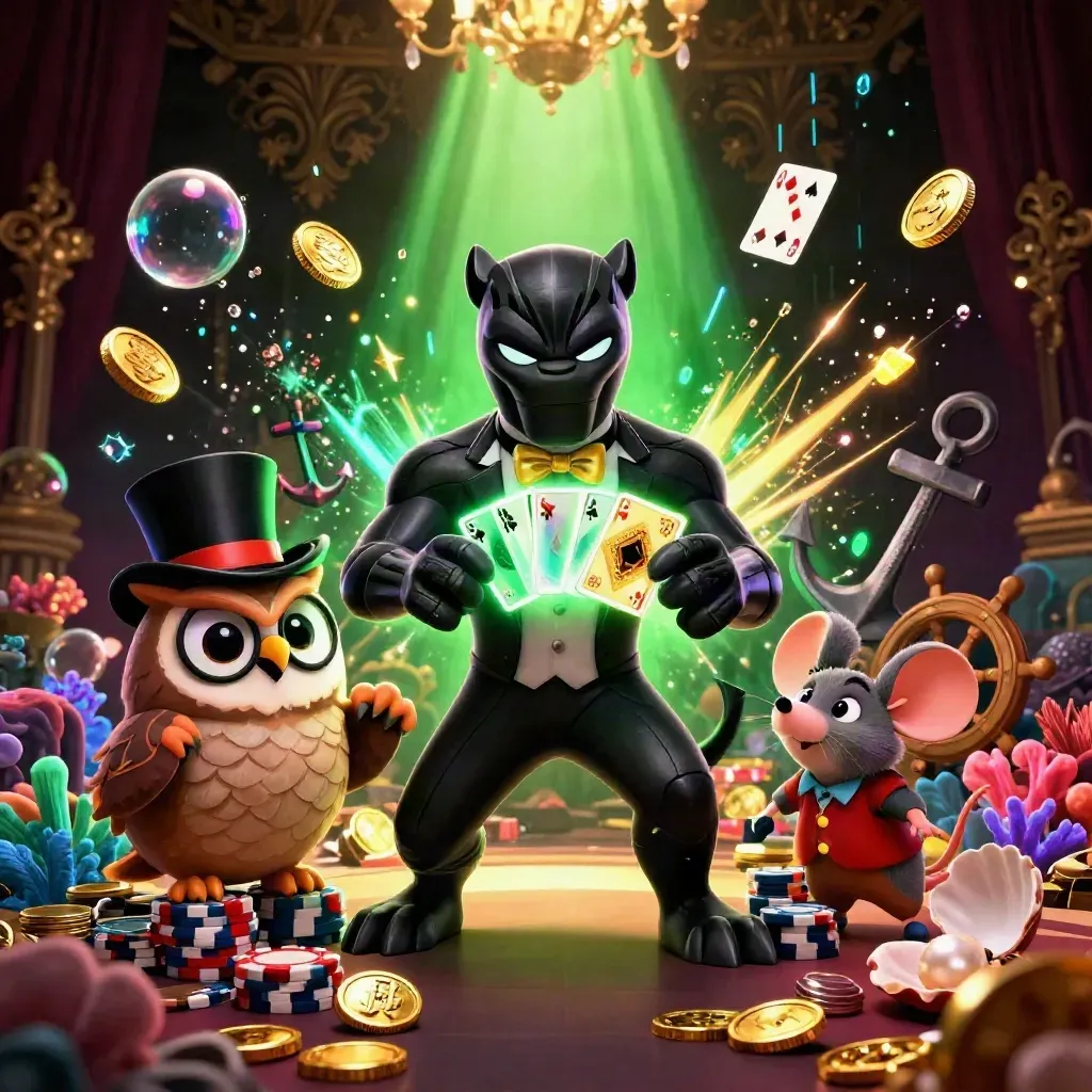 Panther dealer, owl, and chip-stack mouse in a glowing underwater treasure cove.