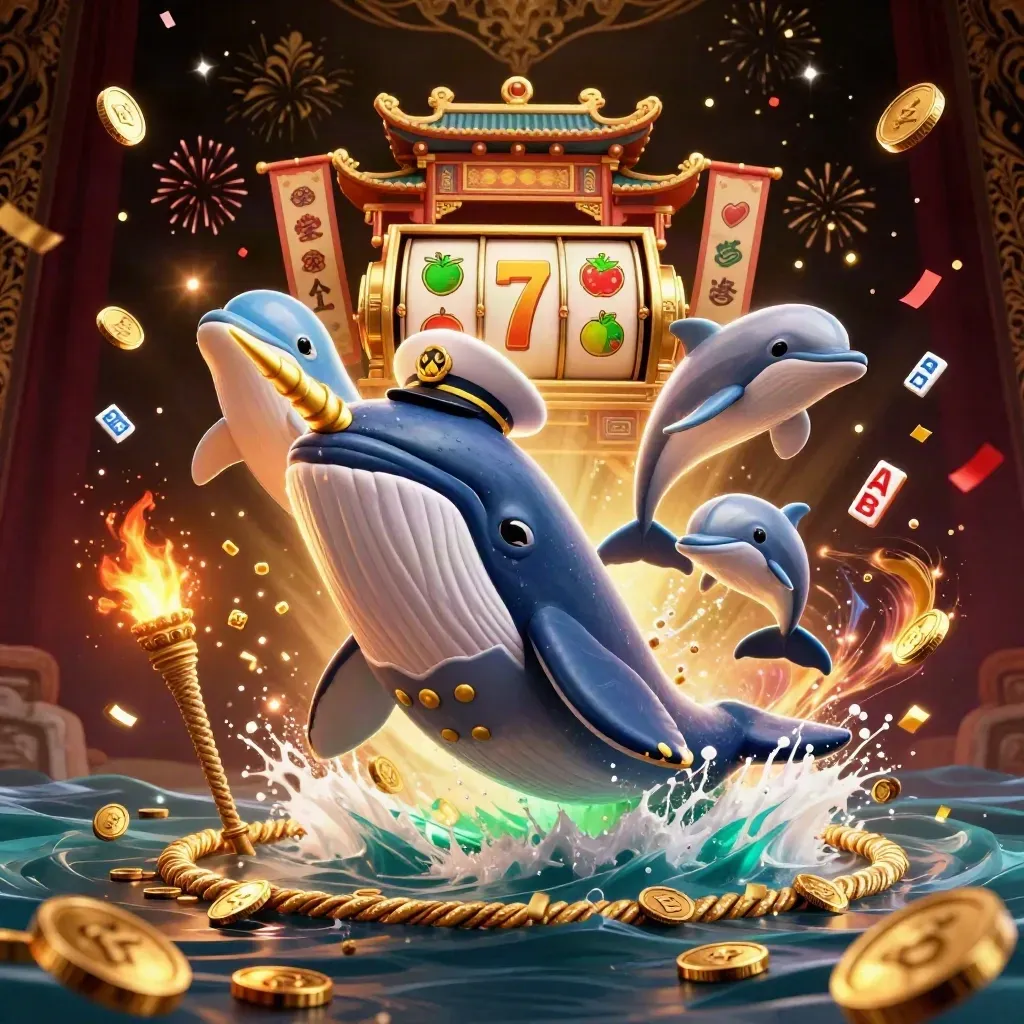 Whale captain, narwhal and dolphins blast through coins before a gilded temple gate.