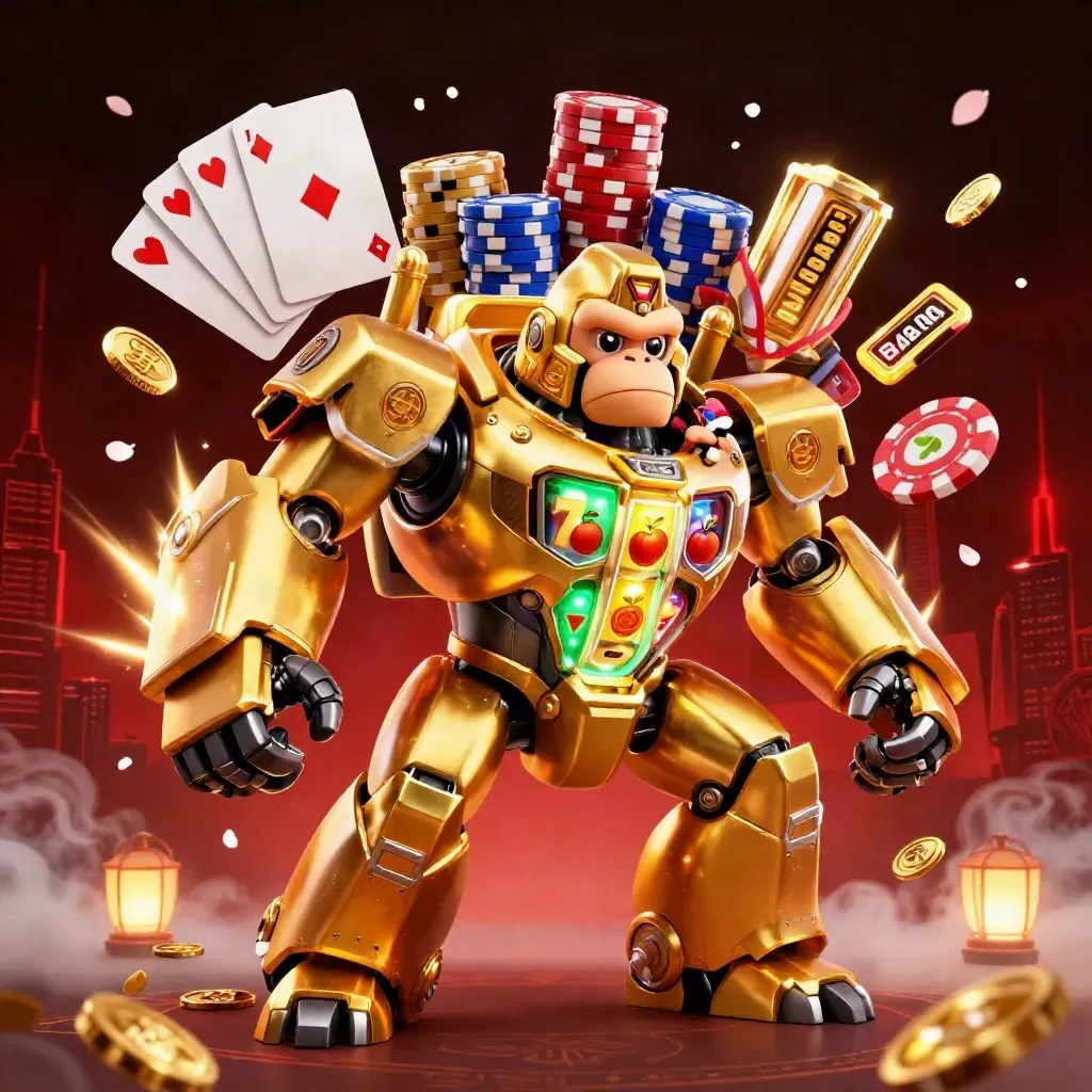 Golden gorilla mech with tiny monkey pilot, coins, gems and casino props bursting in a red-black glow.