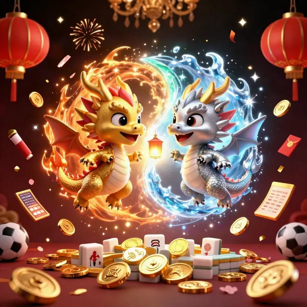 Twin gold and silver dragons swirl with fire and ice amid coins, lanterns, fireworks, and casino glow