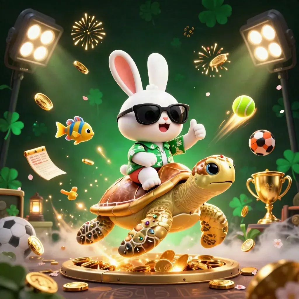 Cartoon lucky rabbit rides a golden turtle amid coins, fireworks, and casino power-up effects.
