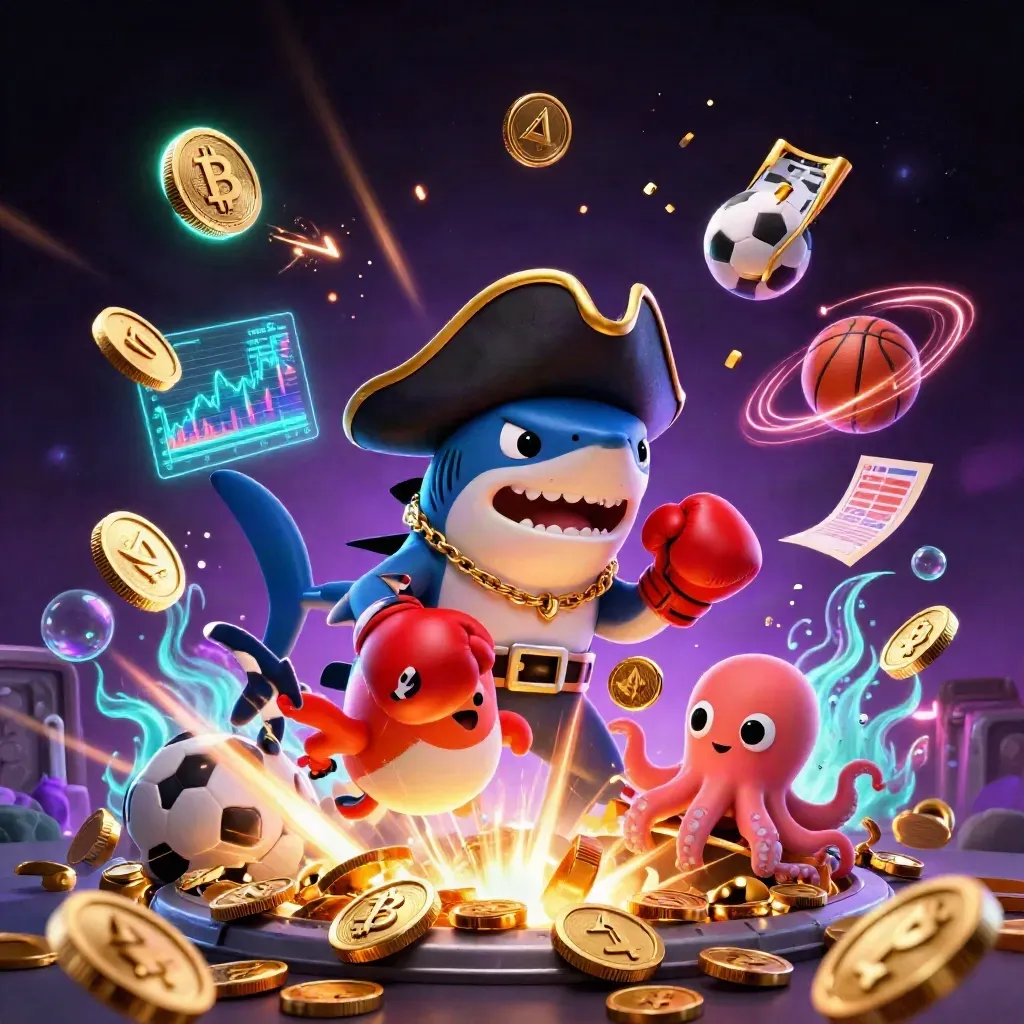 Pirate shark, pufferfish and octopus amid coin bursts, sports balls and neon casino energy.