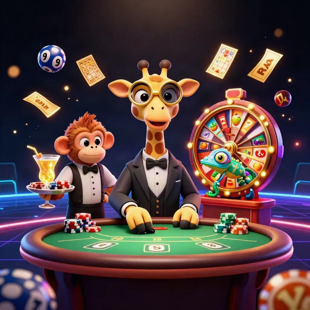 Giraffe, monkey valet, and chameleon bartender in a glowing neon casino scene with jackpots and reels.